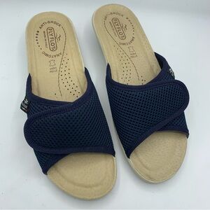 Fly Flot Made In Italy Women Anti-Shock Tan & Blue Adjustable Strap Slide Sz 38